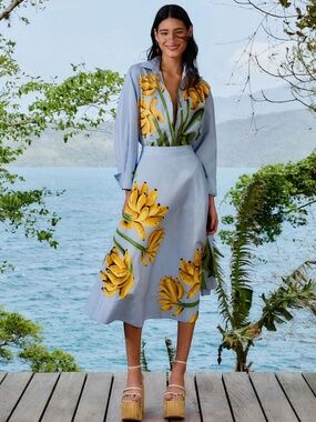 POCKETS FARM Rio Blue Banana Cocina Striped Midi Skirt 100% Cotton size L